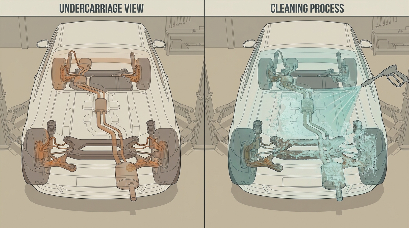 Where road salt accumulates under a rental car and how cleaning solutions act on it.