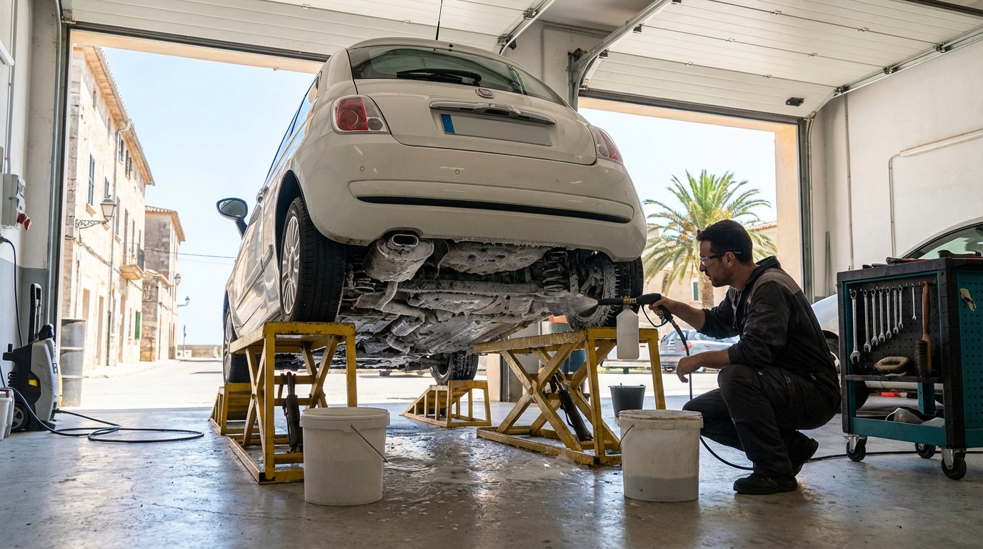 Applying an acid pre-wash solution to remove bonded road salt from a rental car undercarriage.