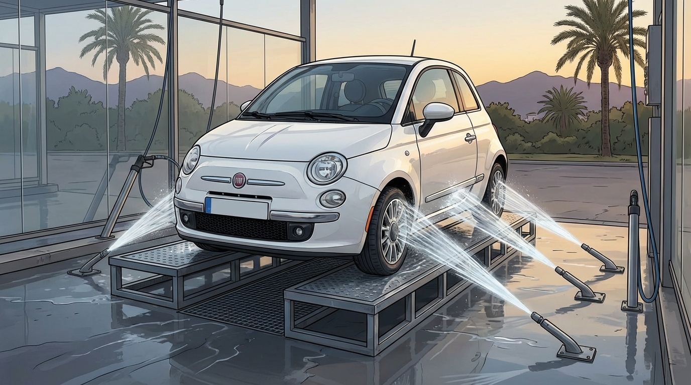 High-pressure undercarriage rinse at a self-serve station in a Mediterranean setting.