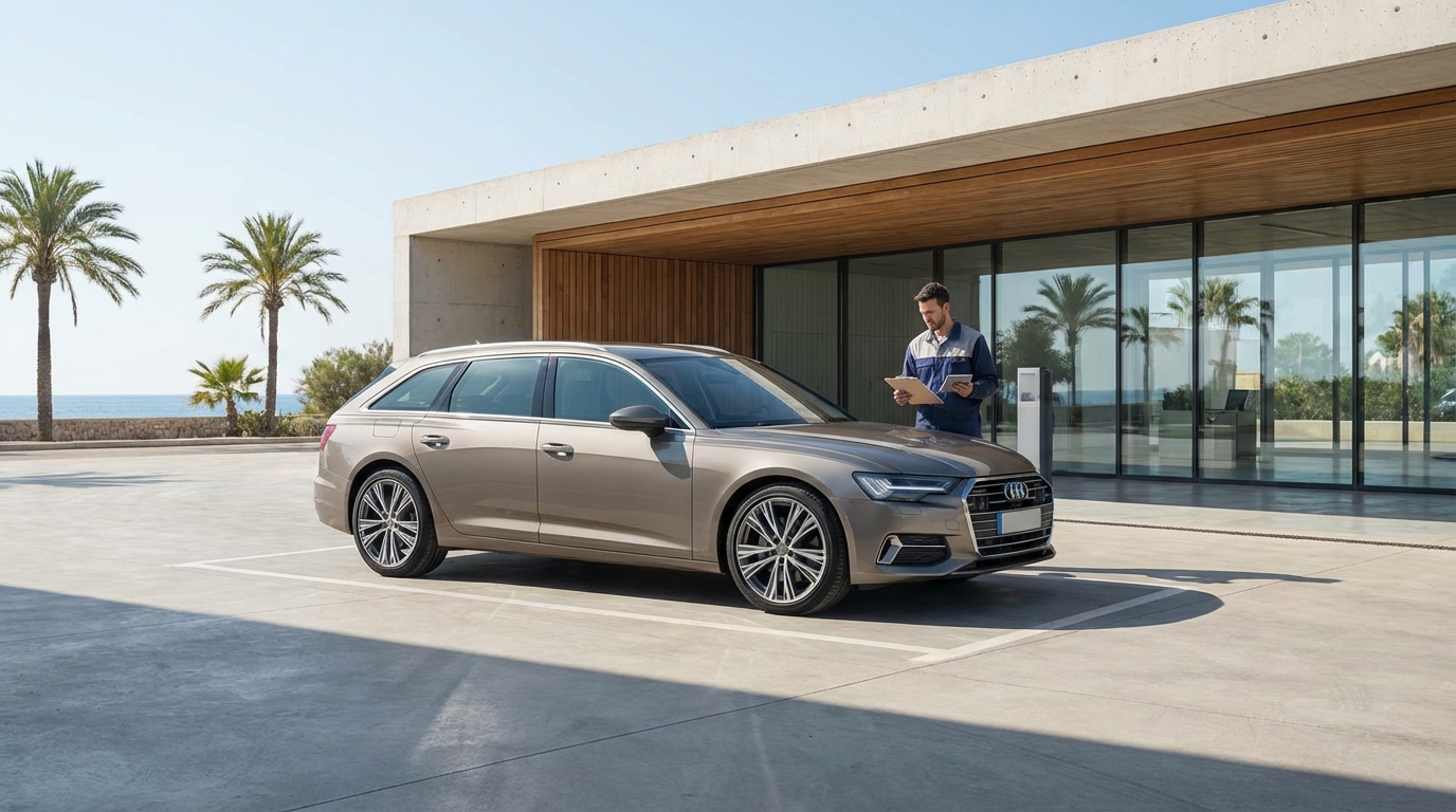 Mechanic performing a pre-ITV inspection on a car in Mallorca