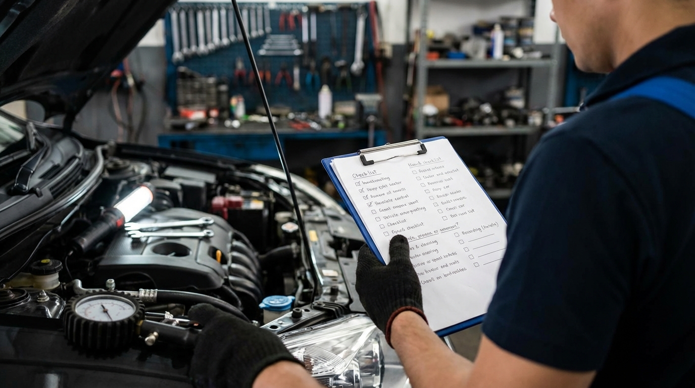 Technician working through a detailed ITV pre-inspection checklist