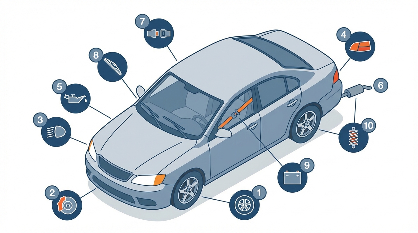 Diagram of key vehicle areas checked before an ITV inspection