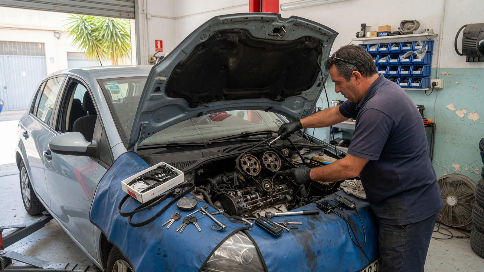 Mecánico cambiando la correa de distribución de un coche en el taller