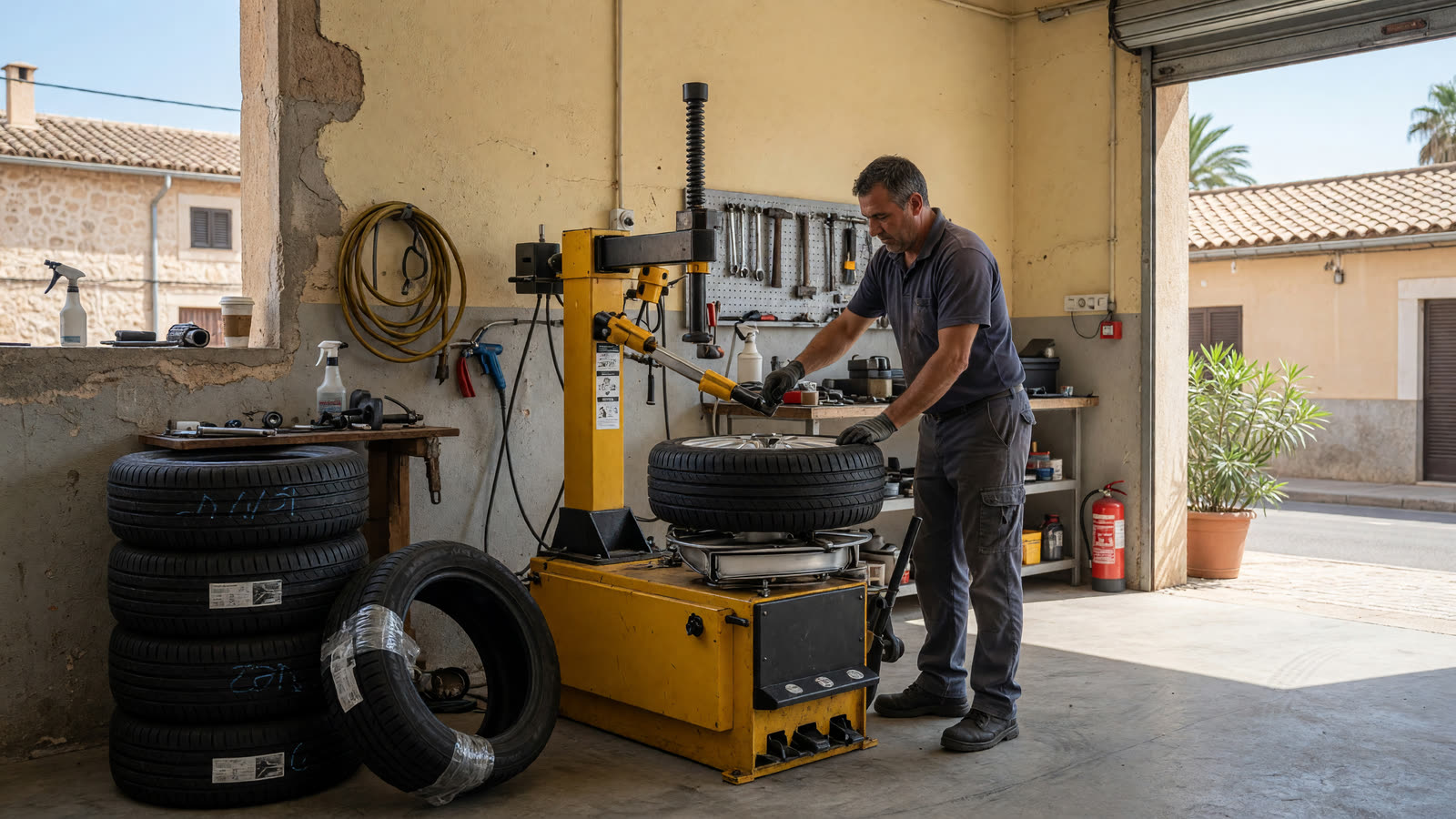 Mecánico montando un neumático nuevo con una desmontadora en el taller